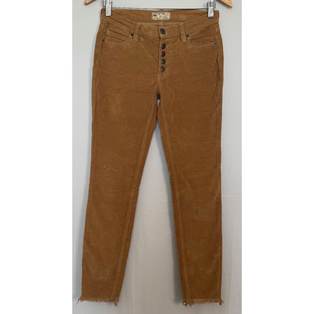 Free People Corduroy Button-Fly Pants Size 24 Brown‎ Frayed Hem Skinny Fit